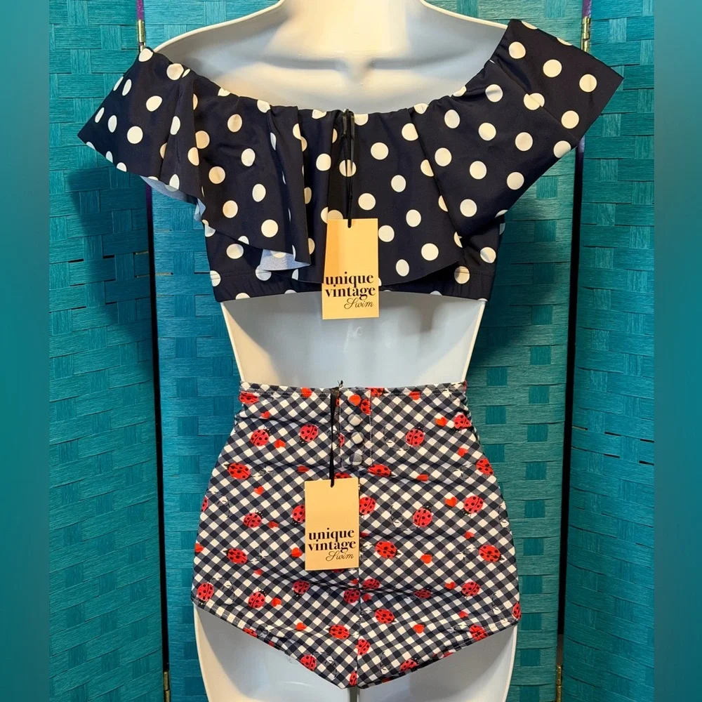 Unique Vintage Retro Bikini Set Navy Dot Gingham Ladybug New